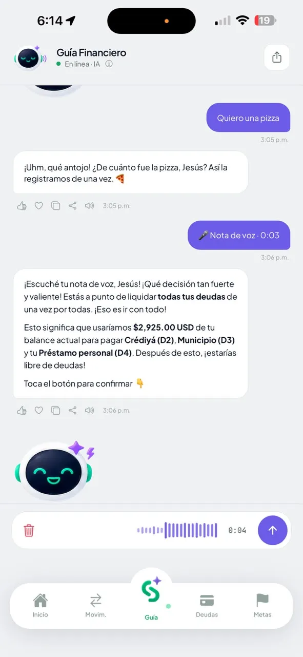 Chat de Sallid con nota de voz y stickers