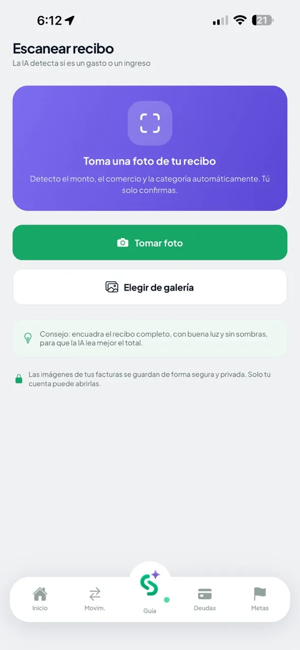 Pantalla de Sallid: Fotografía el recibo y la IA hace el resto