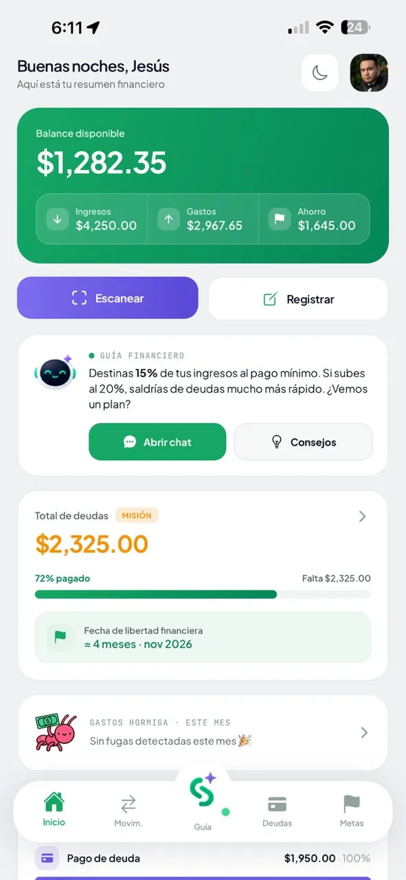 Pantalla de Sallid: Balance, gastos y ahorro al día