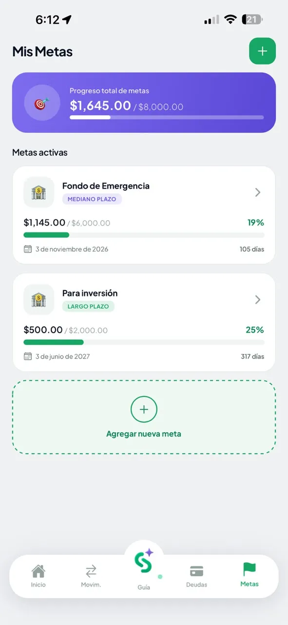 Pantalla de Sallid: Ahorra con propósito y mira tu progreso