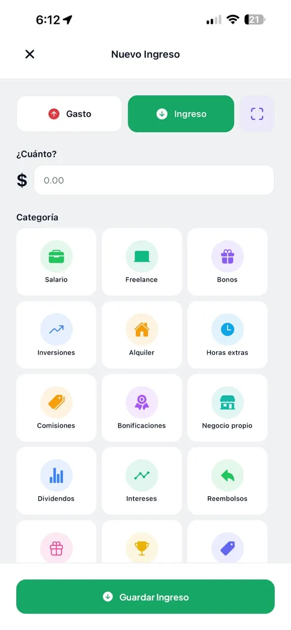 Pantalla de Sallid: Anota un ingreso o un gasto en segundos